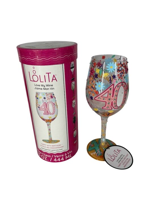 Lolita Other - Lolita Love My Wine Happy 40th Birthday Hand-Painted Artisan Wine Glass NIB